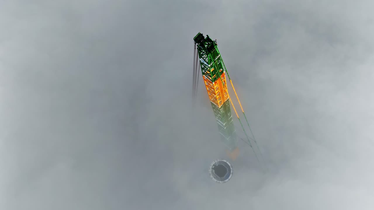 Aerial drone close up on top of the crane high up, surrounded by thick clouds