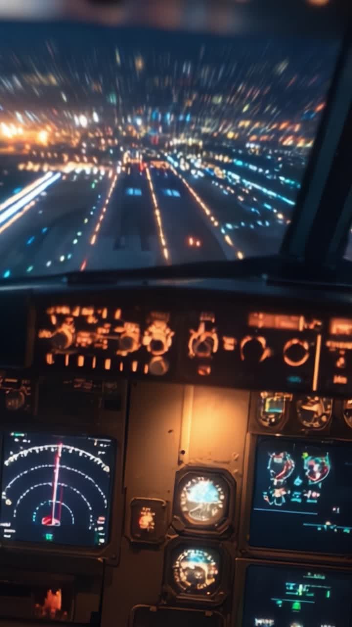Transizione aerea: Catturando i momenti dinamici dell'atterraggio nella cabina di pilotaggio con la strumentazione che mostra le dinamiche di volo e le luci della città sottostanti.