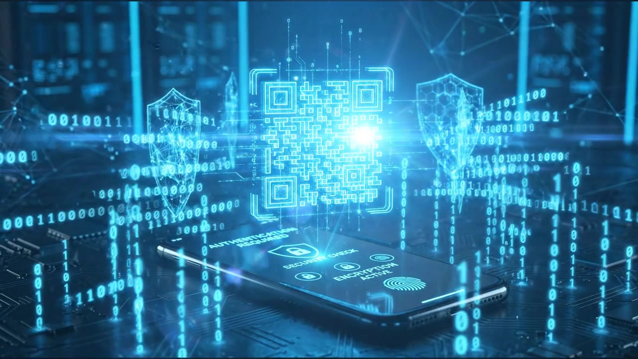 Smartphone Displaying Digital Security QR Code with Data Streams