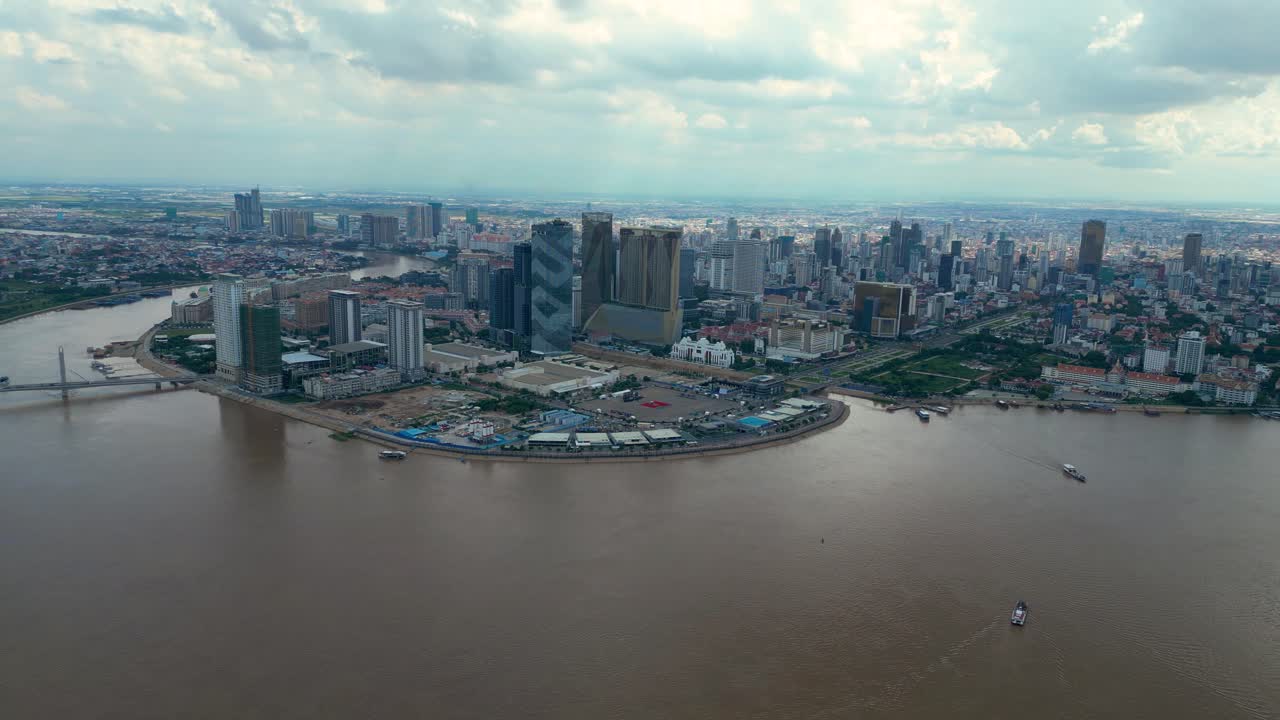 Mekong river Koh Pich Island in Phnom Penh, Cambodia city building skyline, aerial