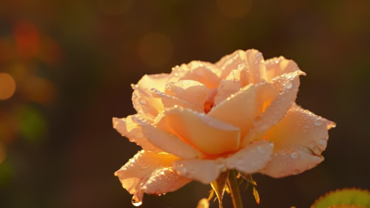 A Beautiful Peach Rose Glimmers with Dew Drops in Soft Golden Light, Showcasing Its Delicate Petals and Natural Elegance Amidst a Serene Background