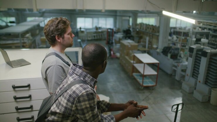 Printing Factory Technicians Overlooking Production Floor from Mezzanine