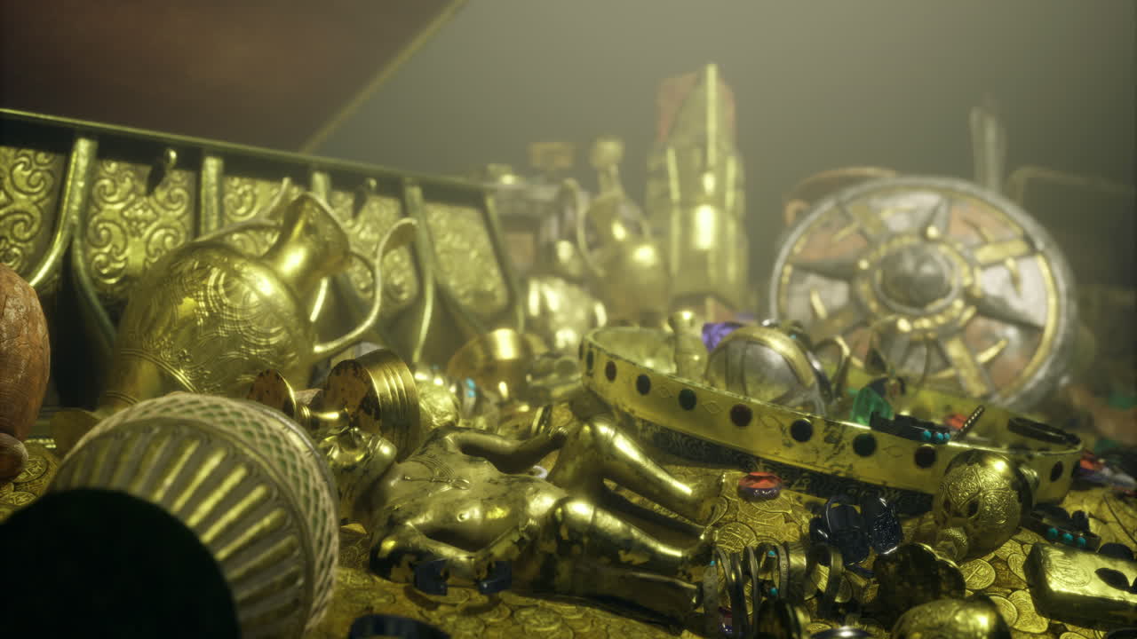 Hidden treasure gleams under the light in an ancient chest of gold artifacts