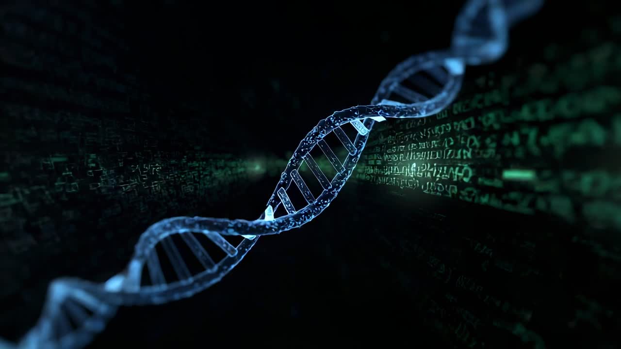 Emerging blue DNA helix after code activation, rotating inside tunnel, streaming green code