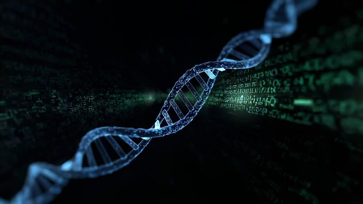 Emerging blue DNA helix after code activation, rotating inside tunnel, streaming green code