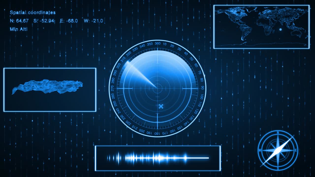 지도에 표적이 있는 잠수함 소나, 위치, 지형 표면 및 표적의 좌표를 표시하는 hud.