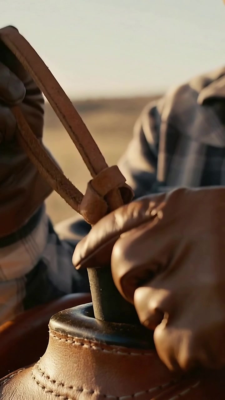 Vertical video: Gripping saddle horn, cowboy's gloved hands looping and securing latigo on prairie