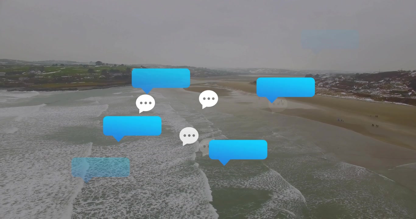 Animasjon med blå chattebobler over kystlandskap med bølger og sandstrand