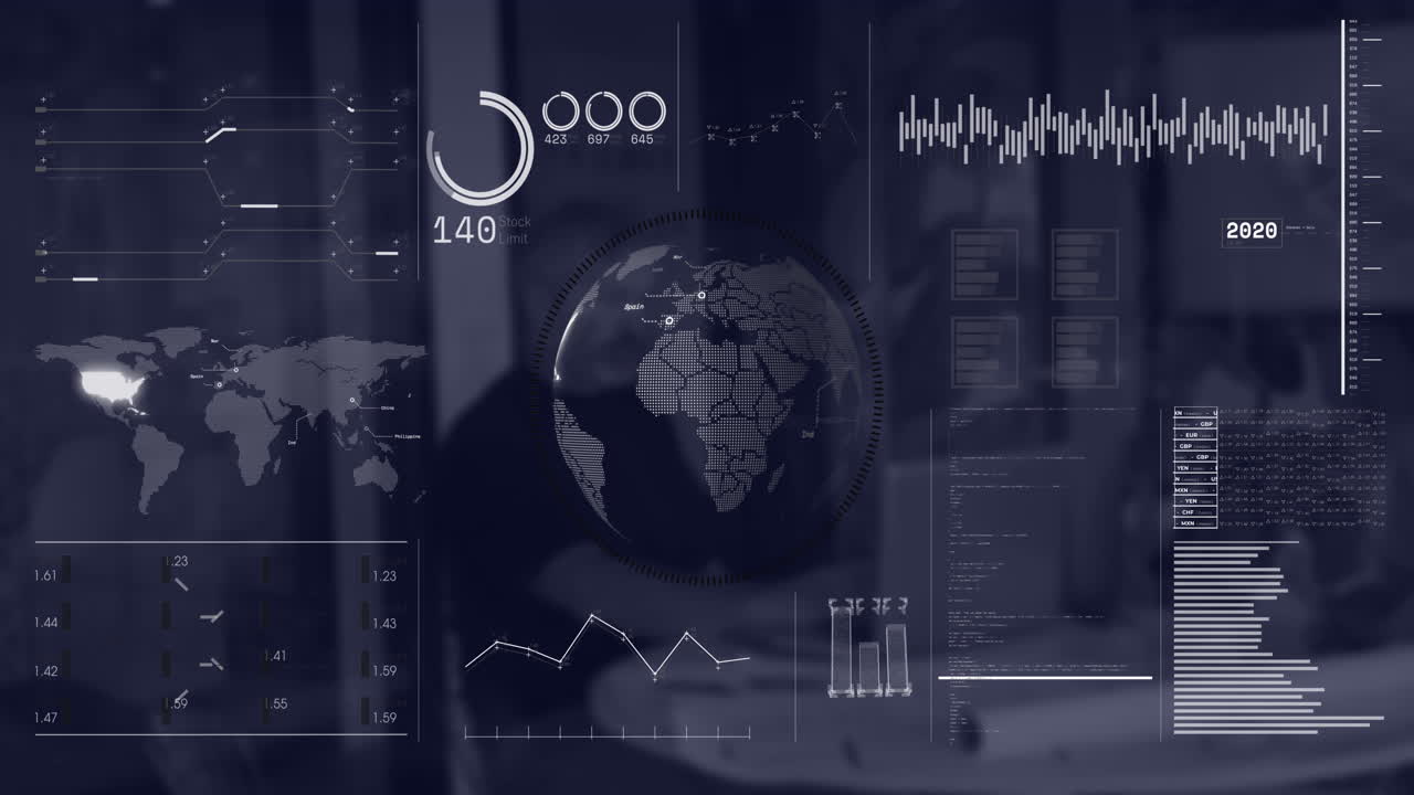 Animation of interface with spinning globe and data processing against man using a laptop at office