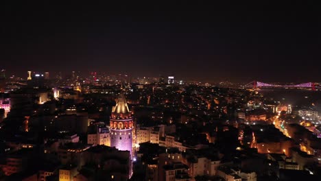 aerial view of istanbul bosphorus bridge behind the galata tower at night stock video blue mosque, europe, galata, galata bridge, galata towero sultanahmet camii, avrupa, galata, galata köprüsü, galata kulesi