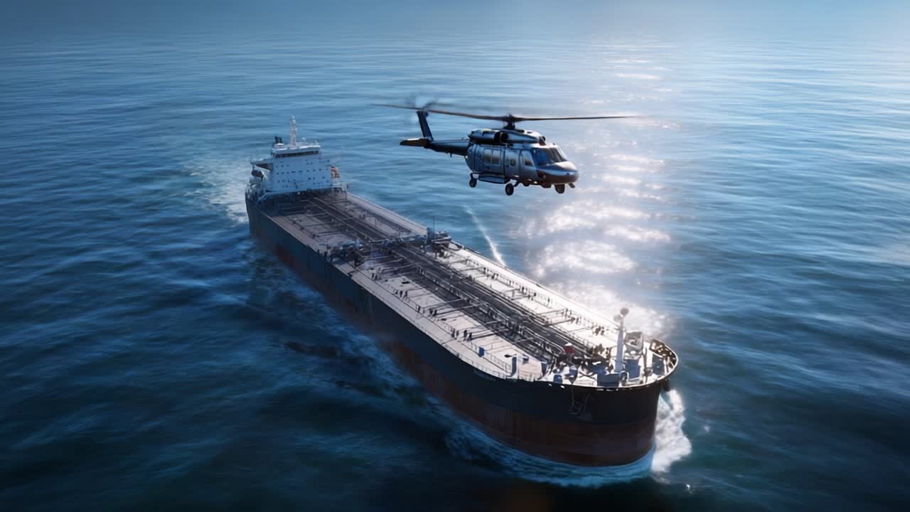 Large oil tanker sails calmly across deep blue ocean waters. Helicopter hovers nearby, spotlighting the vessel's massive hull. Sunlight glints brightly off the waves, creating sparkling reflections