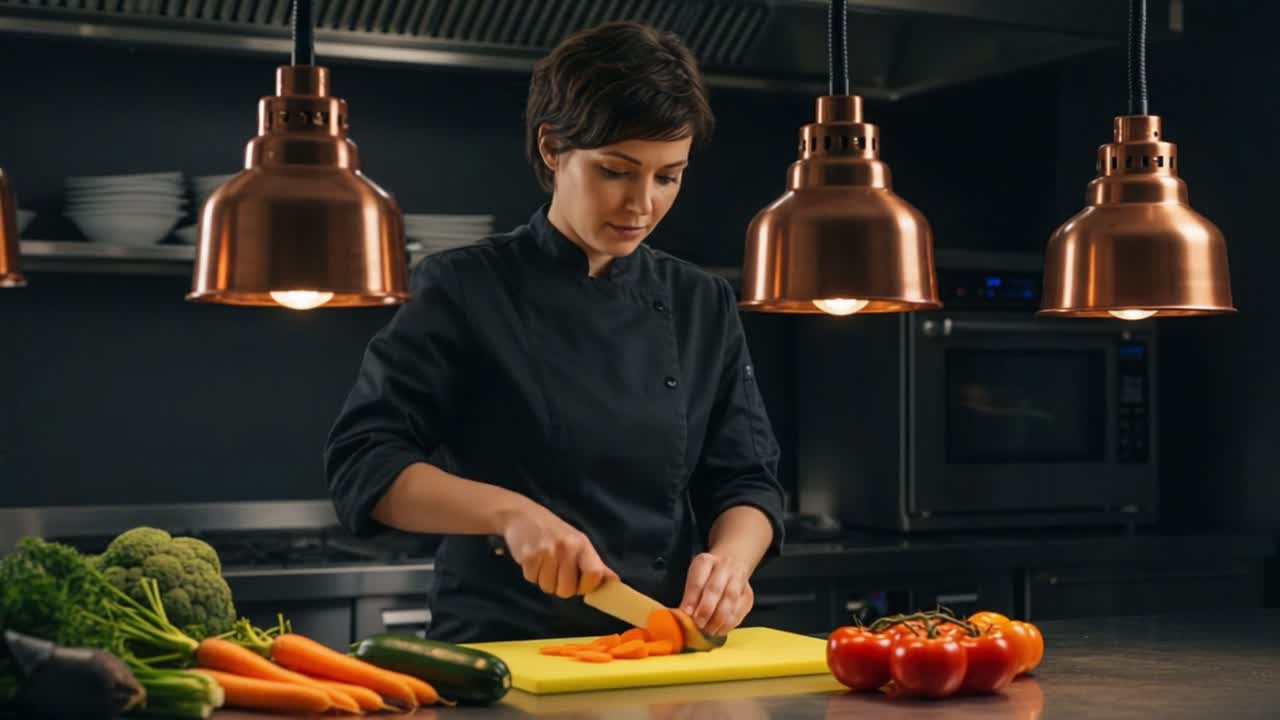 A Professional Chef Skillfully Chopping Fresh Vegetables in a Modern Kitchen, Showcasing Culinary Expertise and Passion for Cooking and Preparation