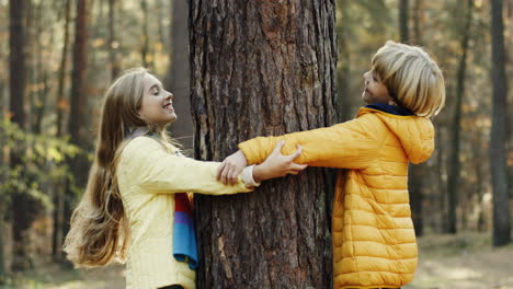 joyful caucasian sister and brother playing in the wood, hiding behind a tree trunk and looking at each other from different sides