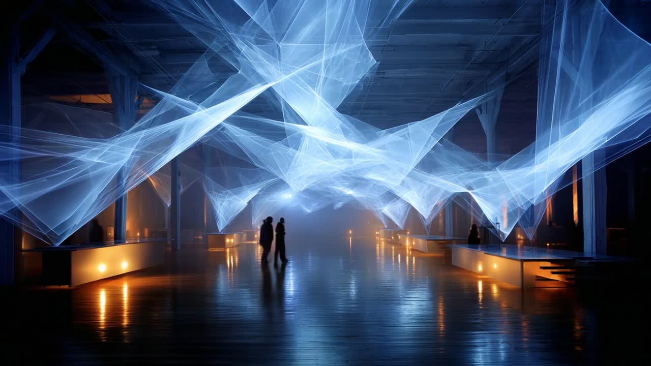 Mesmerizing Digital Light Installation: Transforming an Urban Space with Ethereal Blue and White Laser Projections, Creating a Captivating Atmosphere for Visitors to Explore and Enjoy