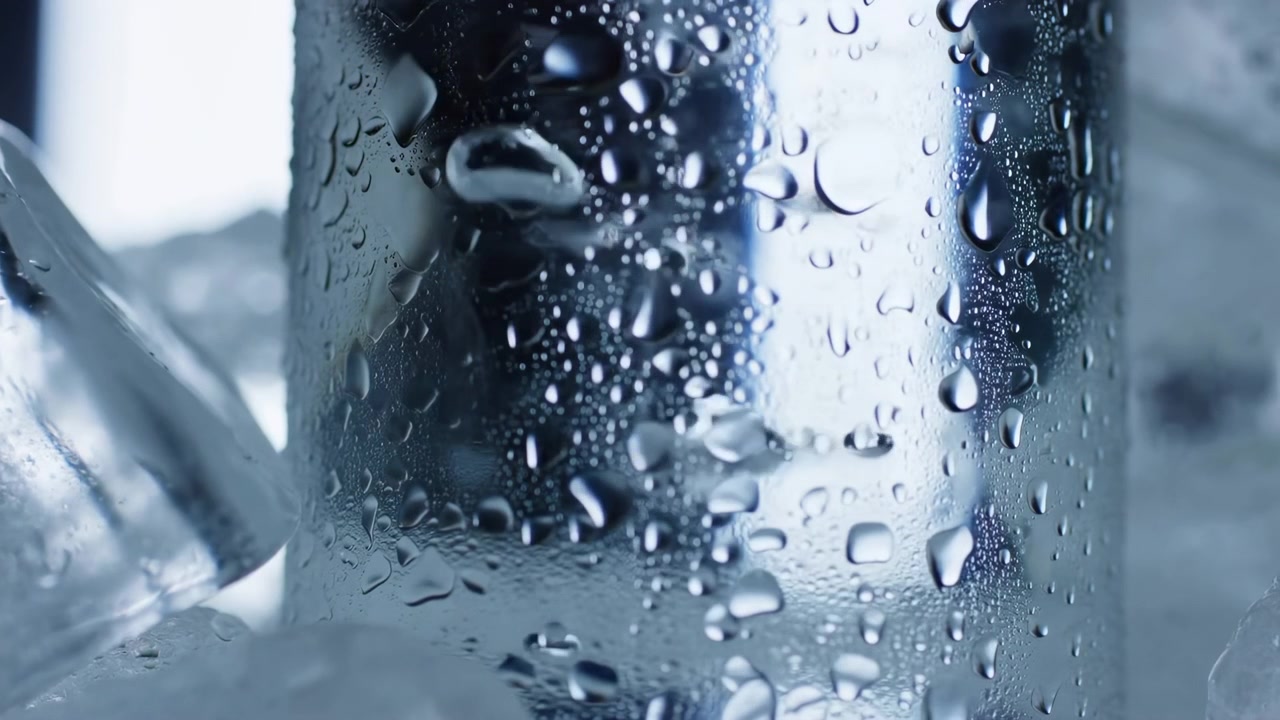 Vetro trasparente bagnato coperto da dense goccioline e condensa ghiacciata, con una forma verticale scura sfocata dietro il pannello, creando una texture astratta blu fredda con contrasto morbido, dettagli lucidi e un aspetto pulito.