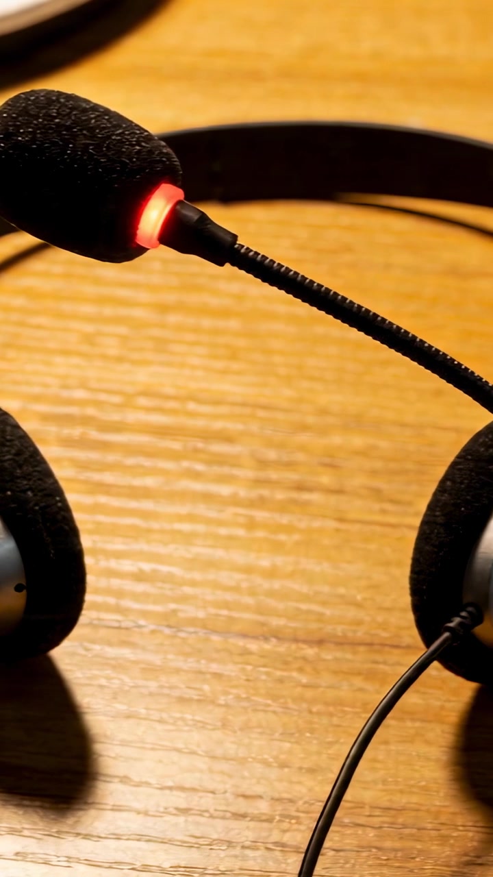 Vertikal video: Kamera panorerer, kablet over-ear headset flytter sig på træbord for at afsløre rød LED-ring.