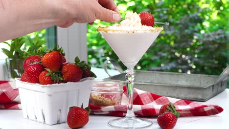 strawberry shortcake martini cocktail with whipped cream, graham cracker crumbs and a fresh red strawberry. making a cocktail for happy hour. placing the strawberry on the rim of the martini glass.