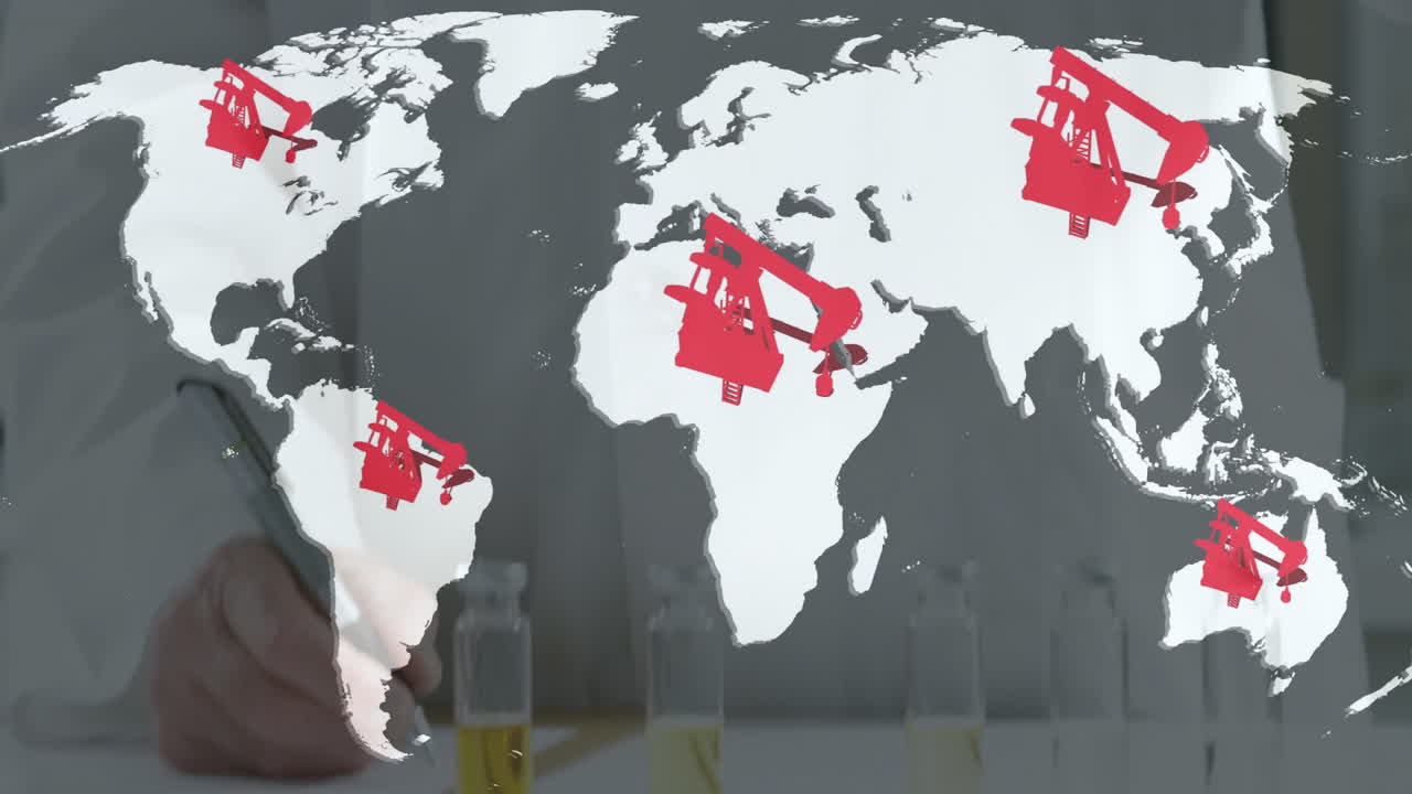 Animation of world map with red oil pump icons in school laboratory setting