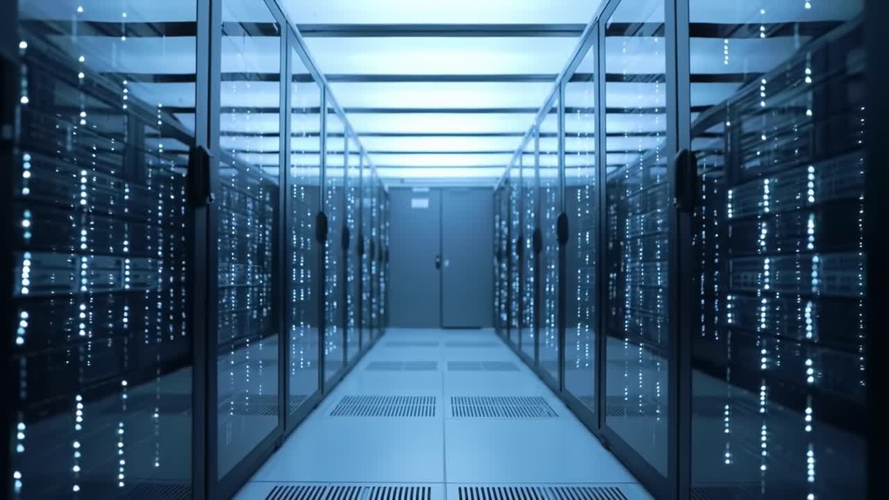 A sleek data center filled with rows of illuminated server racks and high-tech cooling systems.