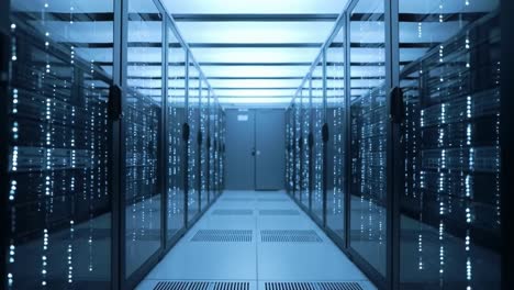 a sleek data center filled with rows of illuminated server racks and high-tech cooling systems.