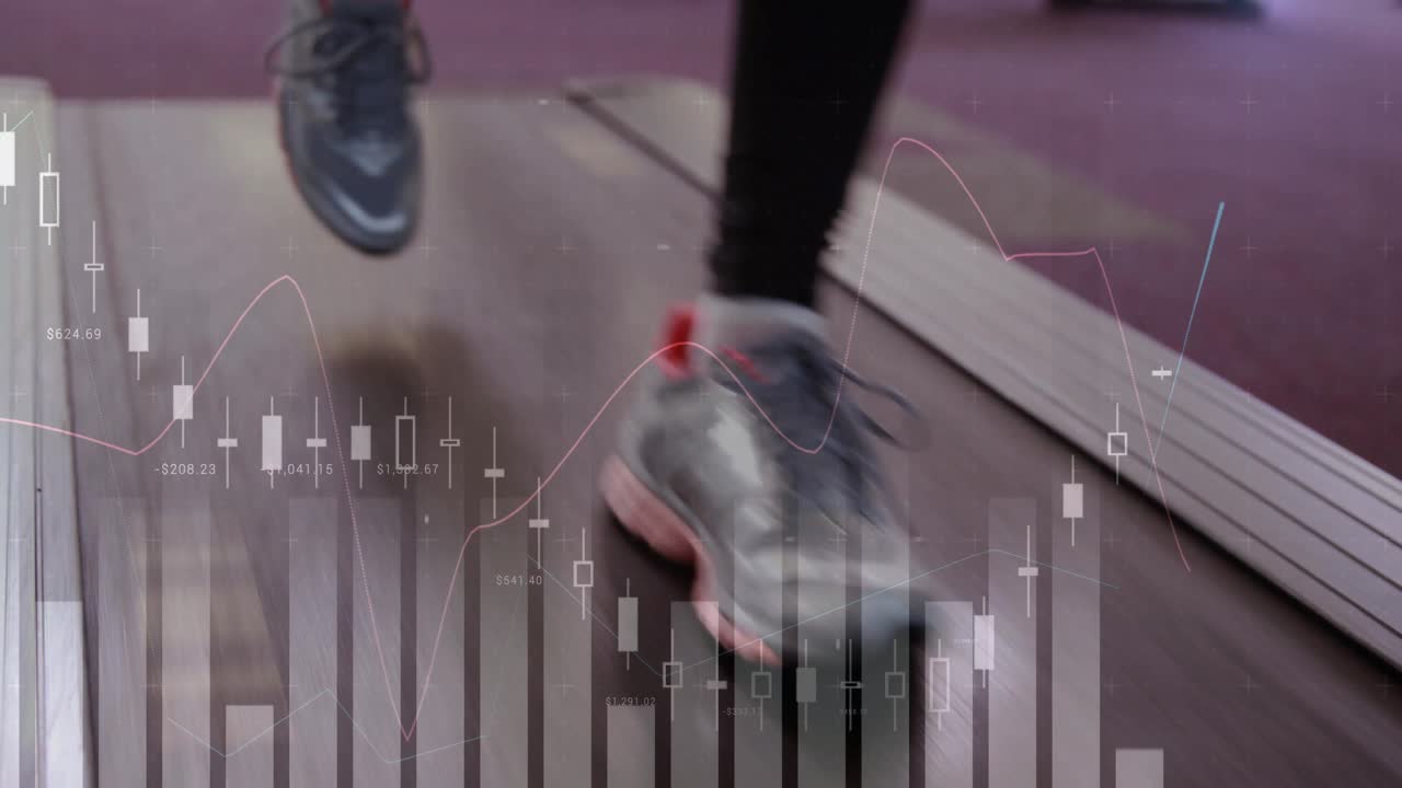 Går på løbebånd, med finansielle data og aktiemarkedsanimation over scenen.