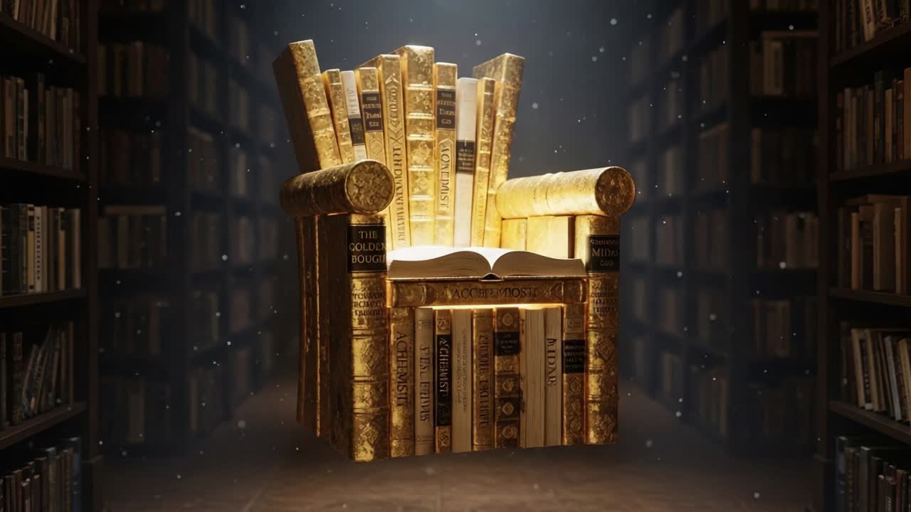 A Majestic Golden Chair Crafted from Resplendent Books Illuminates a Cozy Library Atmosphere, Inviting Readers into a World of Imagination and Knowledge