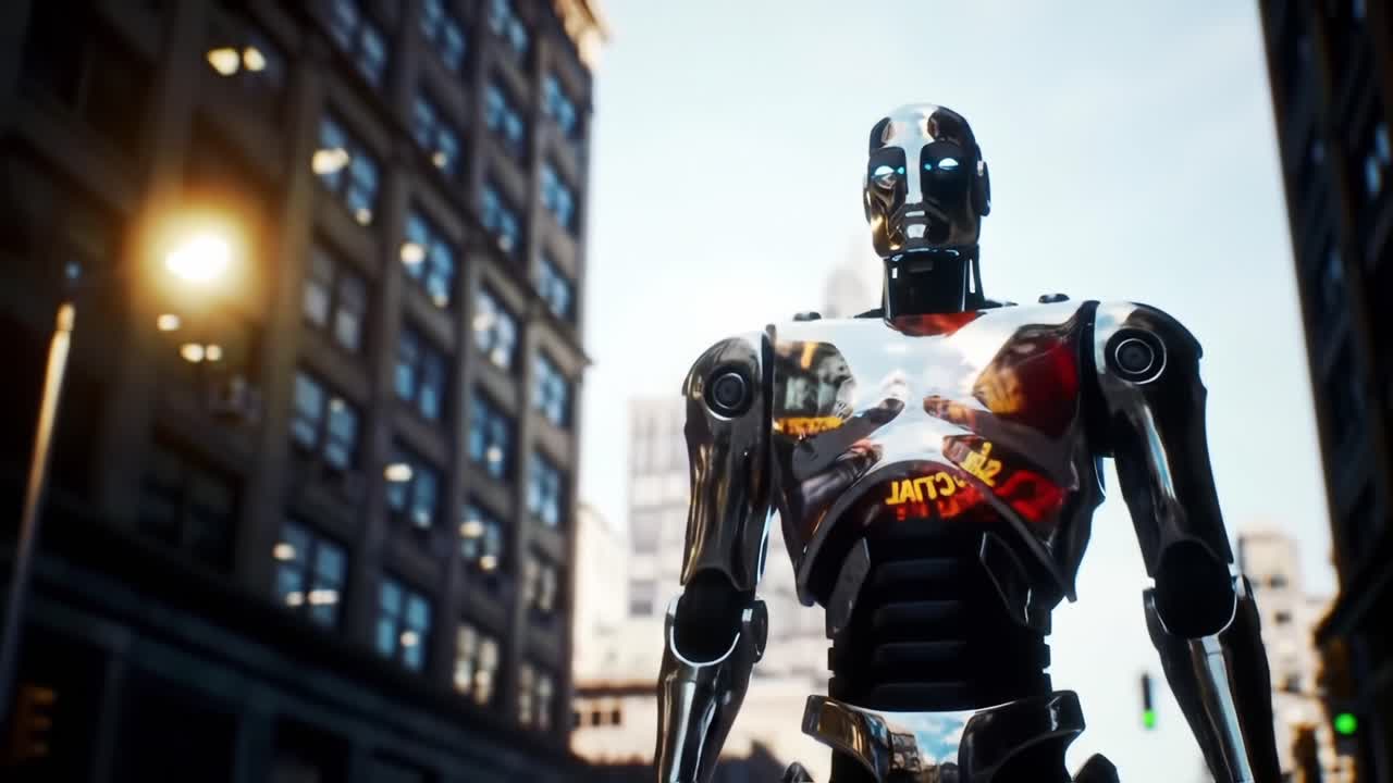 A Futuristic Robot Stands Tall Amidst Urban Landscapes, Showcasing an Innovative Blend of Technology and Architecture in a Vibrant City Environment