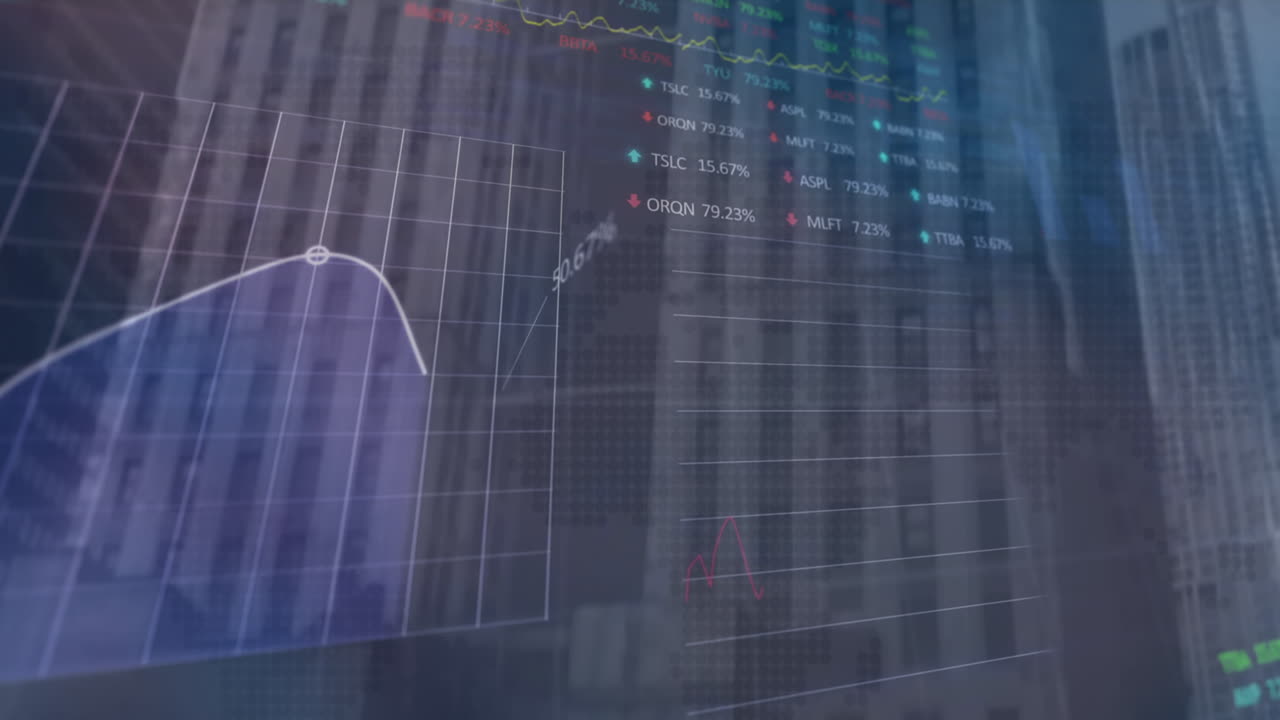 animación del procesamiento de datos estadísticos y bursátiles contra edificios altos