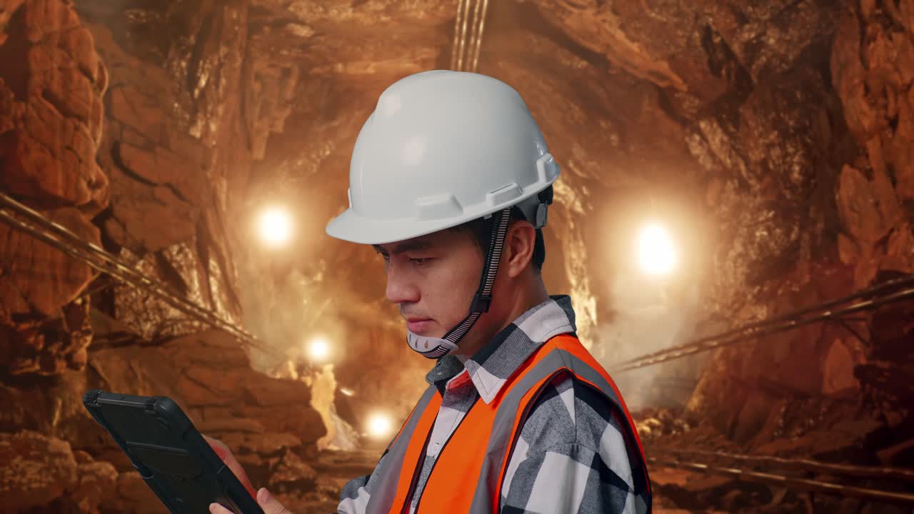 Close Up Side View Of Asian Male Engineer With Safety Helmet Working On A Tablet While Standing In Underground Mine Tunnel