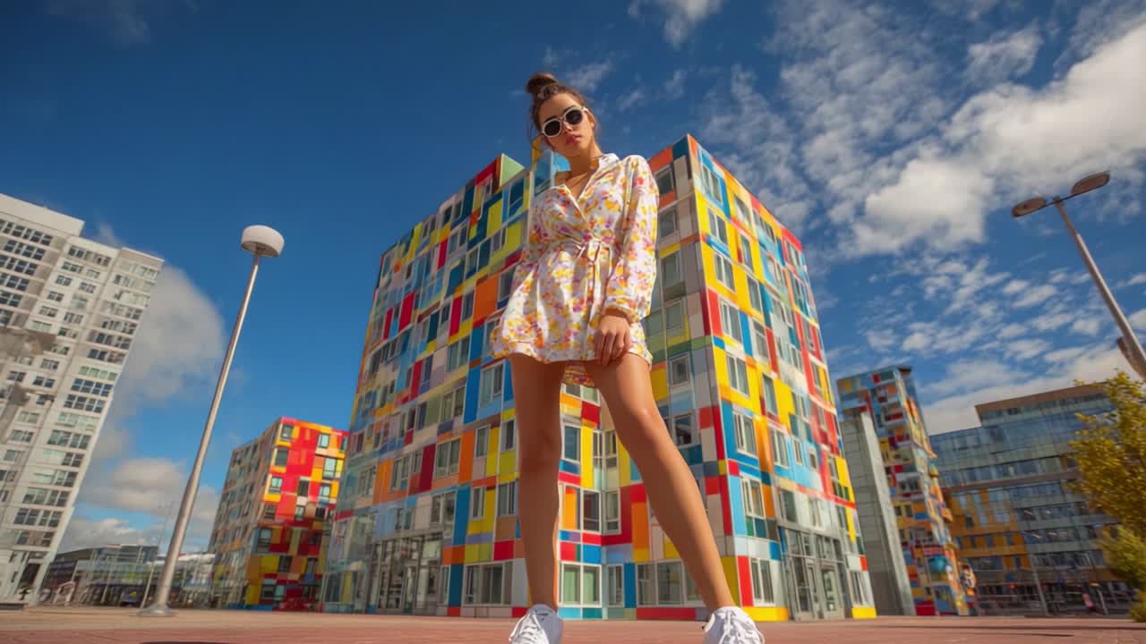 A Stylish Model Poses in Front of a Vibrantly Colored Building, Showcasing a Fashionable Outfit and Confidence Against a Bright, Cloudy Sky in a Contemporary Urban Setting