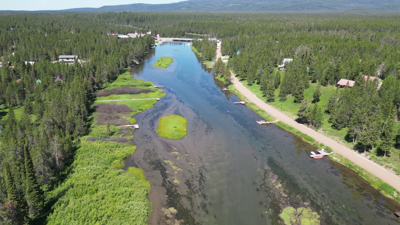 río de bosque de agua clara con muelles de barcos rodeado de paisajes de árboles verdes 4k