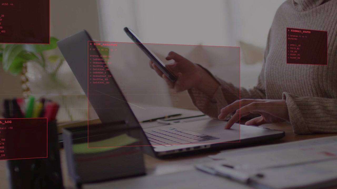 Woman switching tapping phone and typing laptop at desk, causing red UI overlays for tech analytics