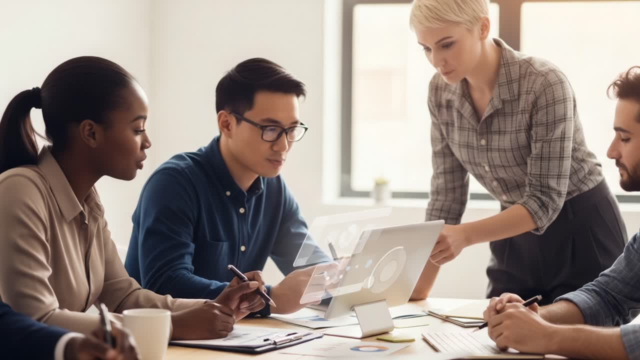 A Focused Group Collaboration in a Modern Office, Engaging in Dynamic Discussions and Analyzing Information from a Laptop During a Productive Meeting Session