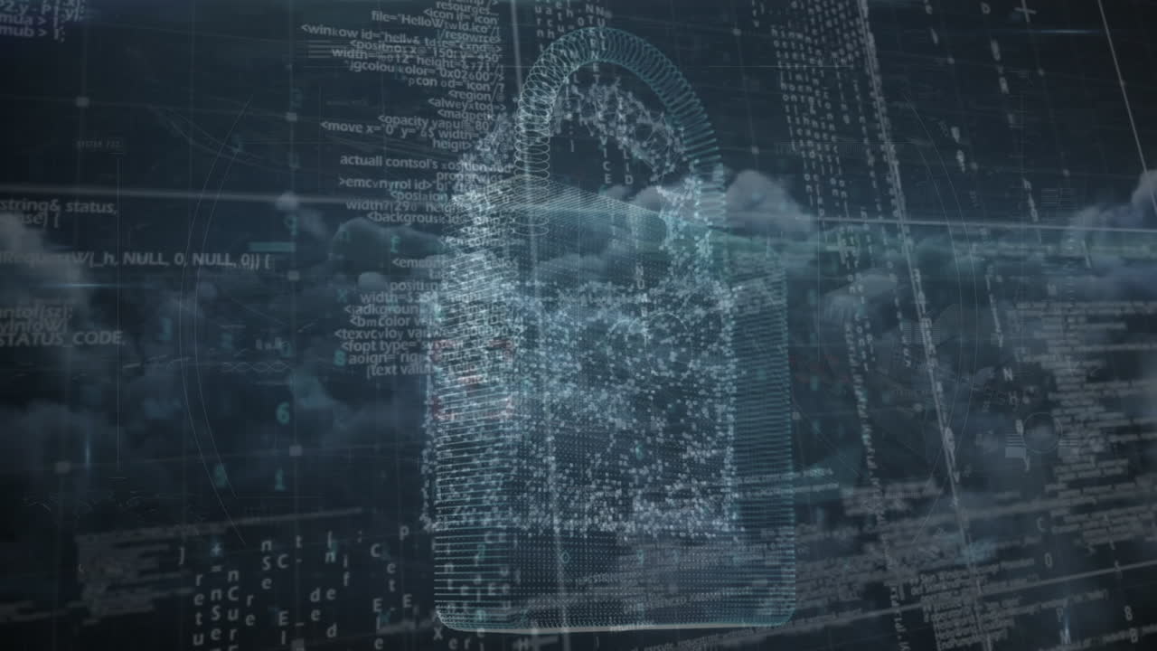 Animation of data processing and padlock icon over sky with clouds