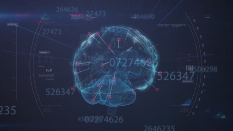 multiple increasing numbers over spinning human brain against blue background