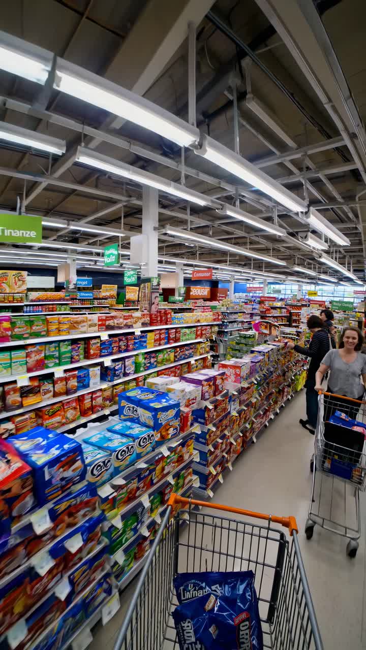 Wide-angle video shot of a supermarket aisle, showcasing colorful product displays and shoppers