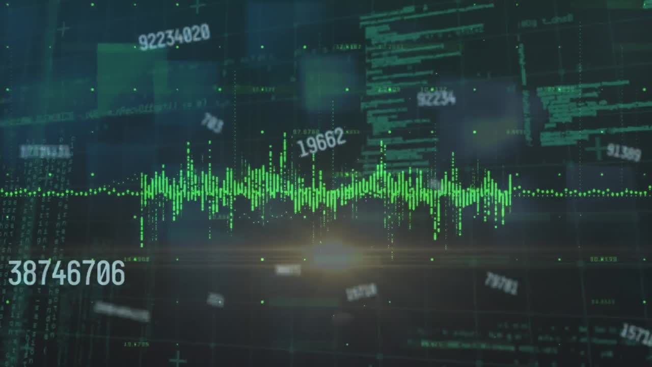 Animation of numbers, statistics with financial data processing over blue background