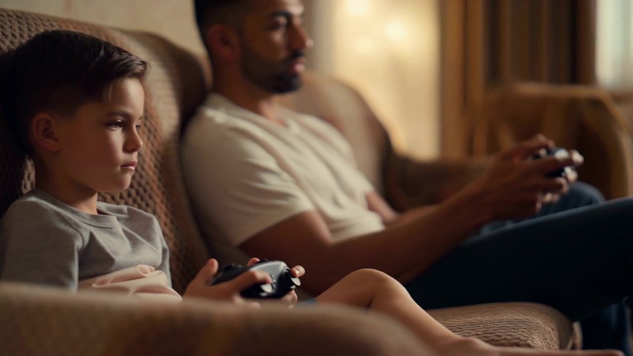 Una vista laterale accogliente mostra un uomo seduto che usa un controller per videogiochi portatile prima che un bambino entri nell'inquadratura accanto a lui, anch'esso con un controller in mano, con morbide tende e sedute imbottite dietro di loro.