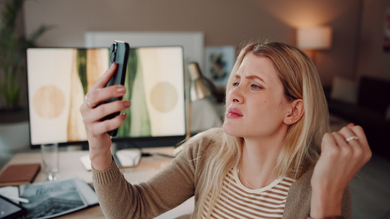 mujer frustrada en una llamada de video en su oficina de casa