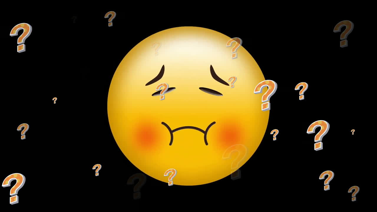 Animazione di un'icona emoji imbarazzata con punti interrogativi su sfondo nero