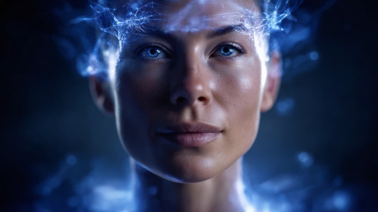 Un ritratto di intrigante bellezza e luce, che raffigura una donna con occhi azzurri penetranti, circondata da un campo di energia mistica in un'atmosfera oscura.