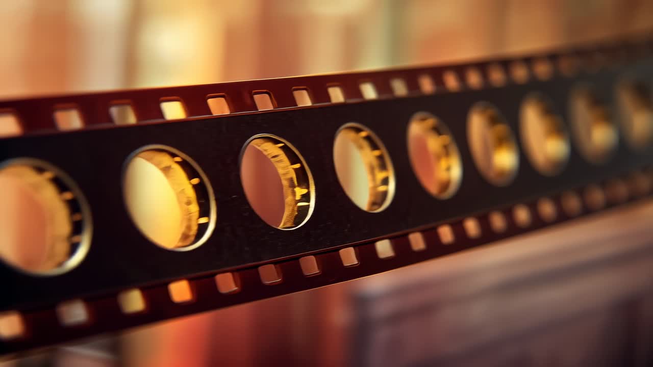Engaging sprocket pulling black film strip through projection booth with golden discs spinning