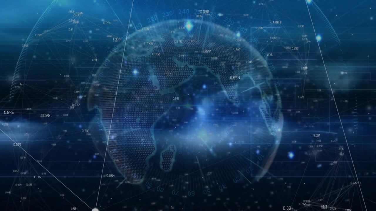 Translucent digital globe appearing faint then building data overlays, visualizing global data