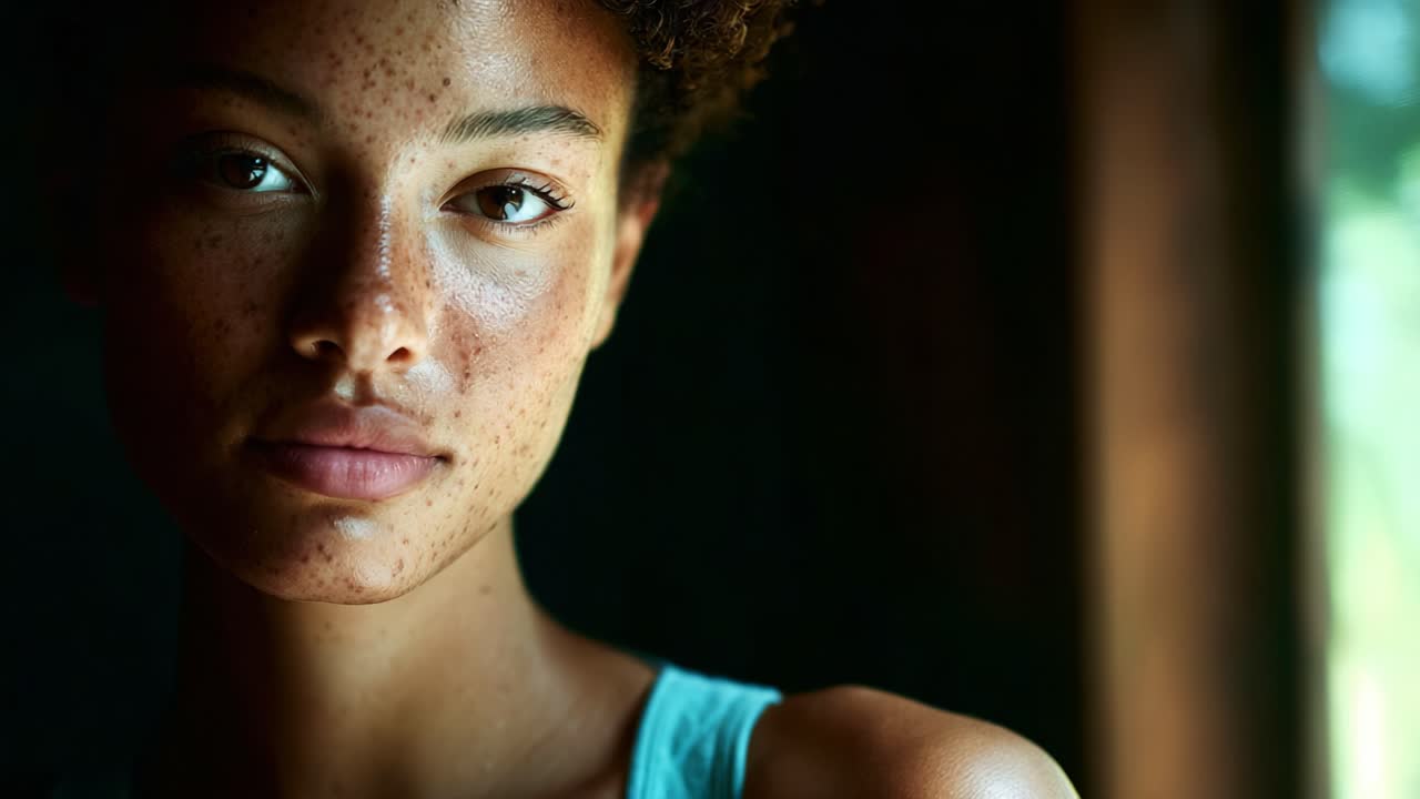 Captivating Portrait of a Young Woman with Freckles Illuminated by Soft Natural Light, Highlighting Her Unique Features and Reflective Expression in an Intimate Setting