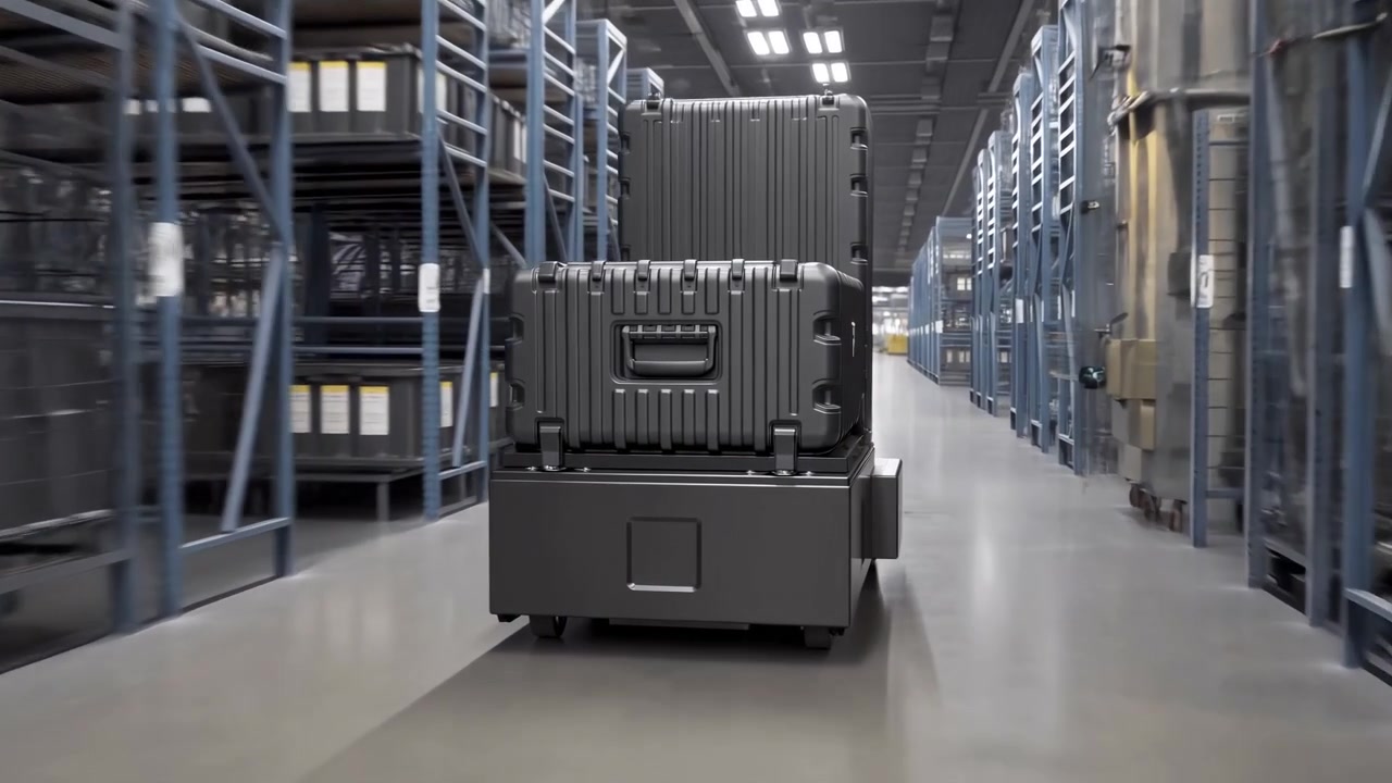 Rugged equipment cases travel steadily along smooth warehouse floor on compact rolling base as shelving passes on both sides, with symmetrical aisle depth and bright ceiling lights.