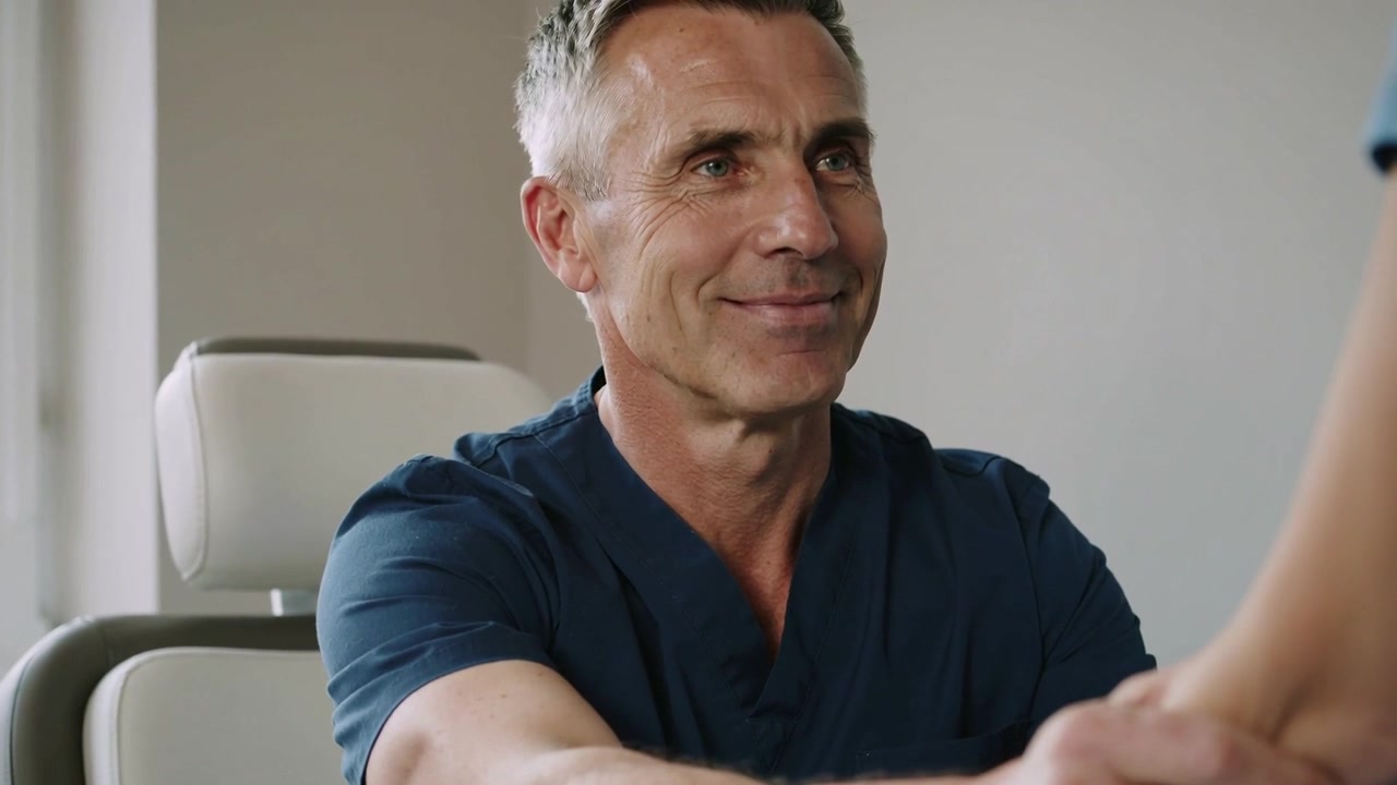 Medico sorridente in camice blu scuro che si china e valuta l'avambraccio mentre il paziente estende il braccio sulla sedia da visita.