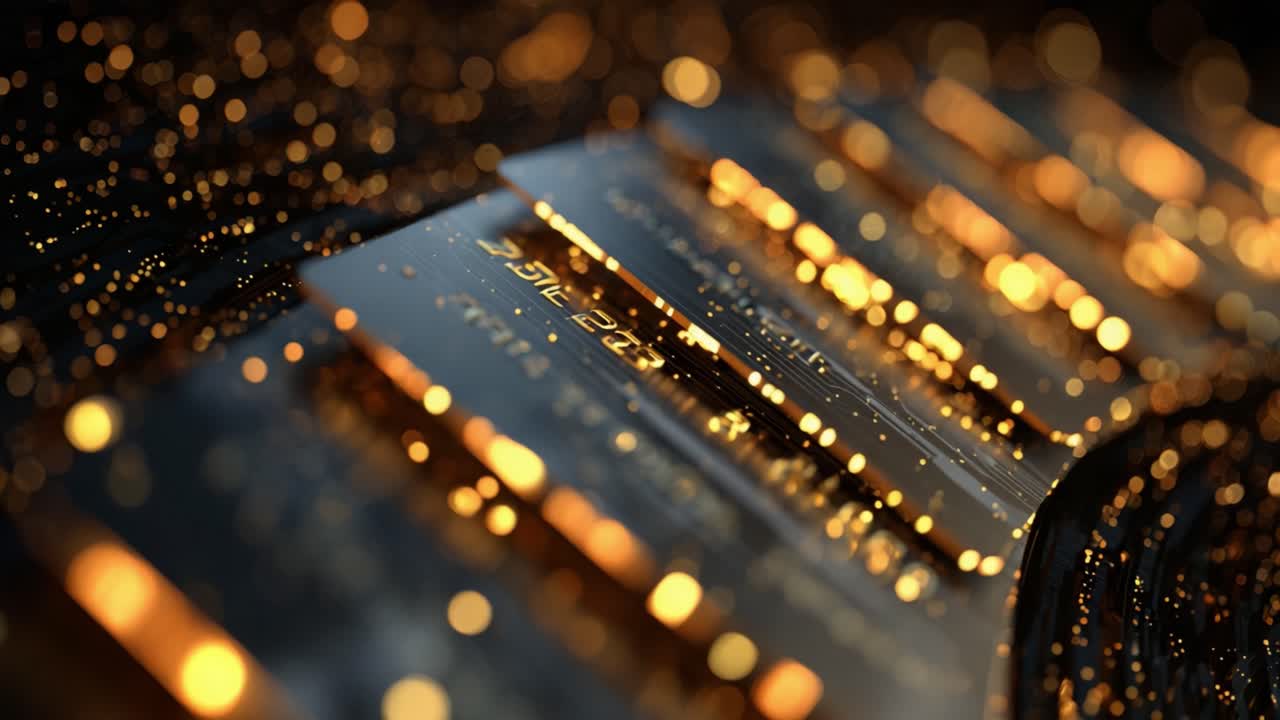 Multiple black credit cards with golden electronic circuits and numbers surrounded by glowing particles, symbolizing the digital flow of money, secure payments, and global financial transactions