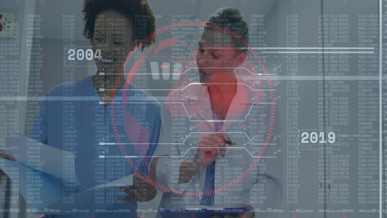 Doctor writing on digital clipboard and nurse reviewing tablet in health technology with HUD code