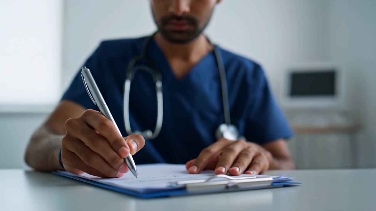 Vista frontale ravvicinata segue una penna che si muove su documenti mentre un operatore sanitario tiene ferma una cartella clinica su un tavolo bianco, incorniciato da un'uniforme blu, uno stetoscopio e un monitor fuori fuoco sullo sfondo