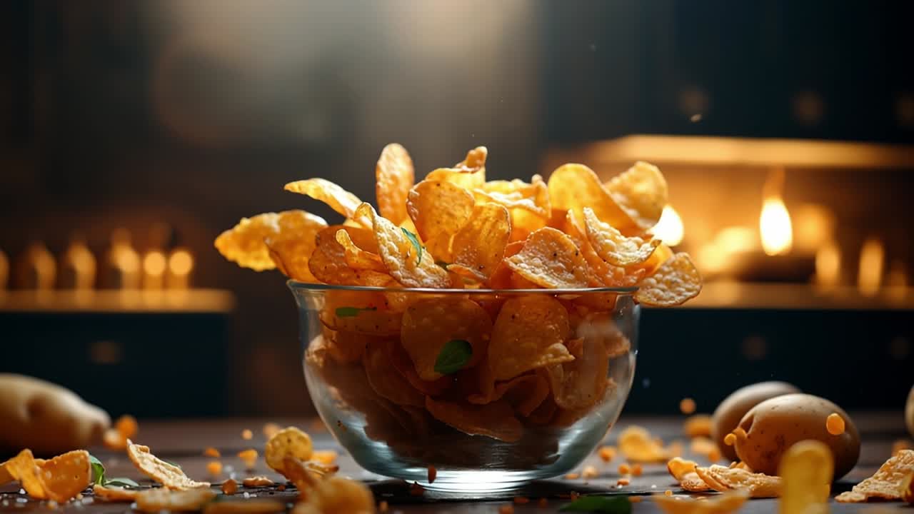 Crispy Potato Chips in Glass Bowl